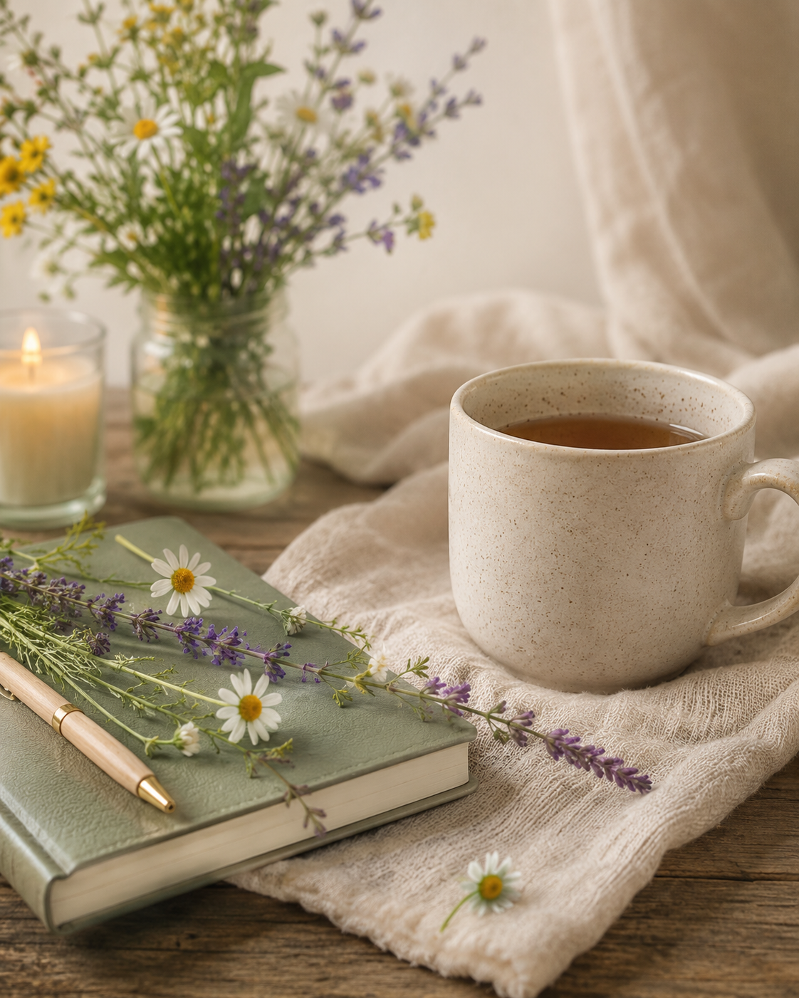 Tea, a journal and fresh wildflowers arranged in soft natural light